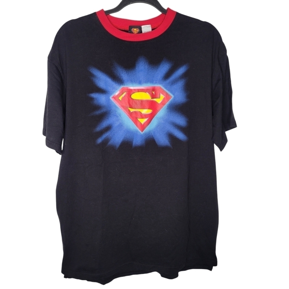 Vintage Y2K Superman Emblem Logo DC Comics Ringer Style T-Shirt Size L/XL